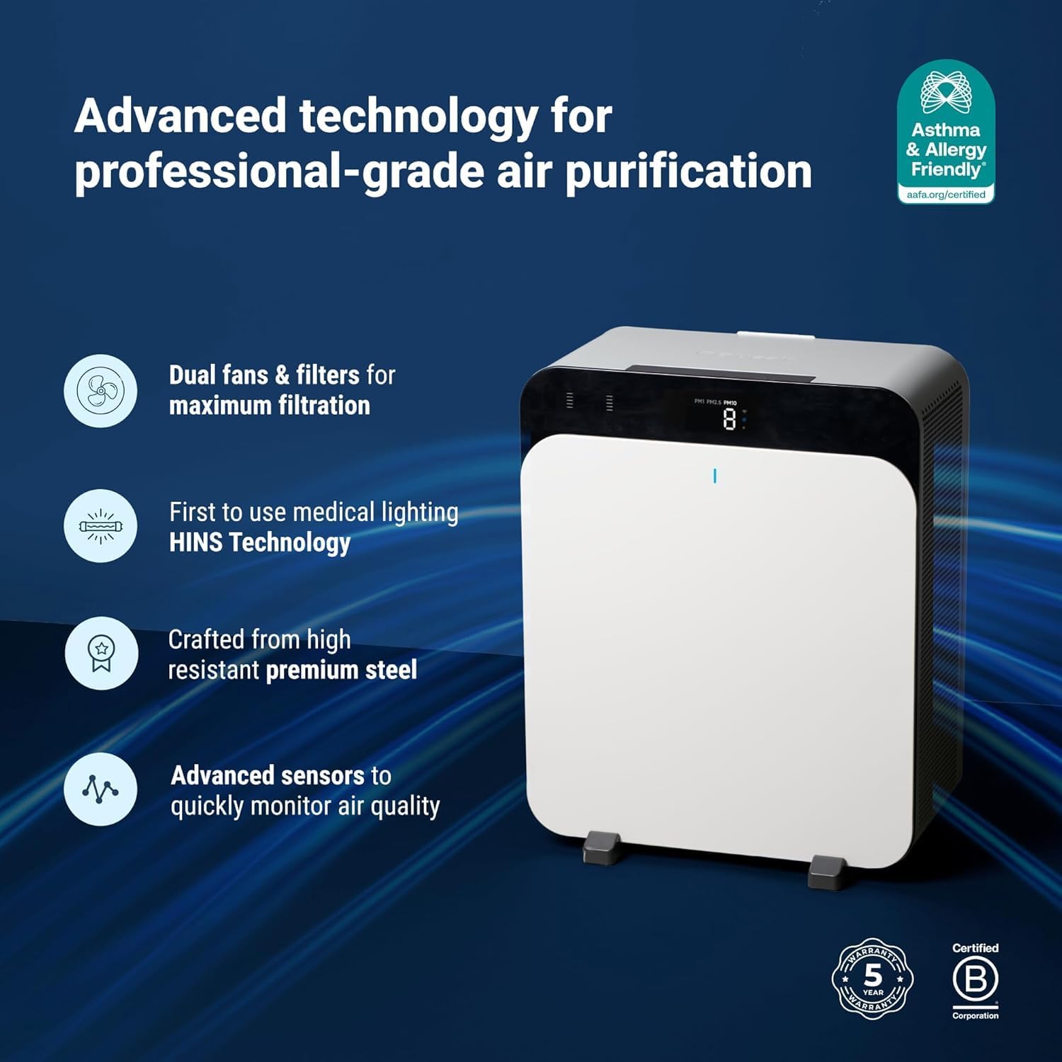 Premium Smart Air Purifier for Home, Pet Allergy Filter, Quiet Operation, Air Sterilisation Technology & Large Room Coverage