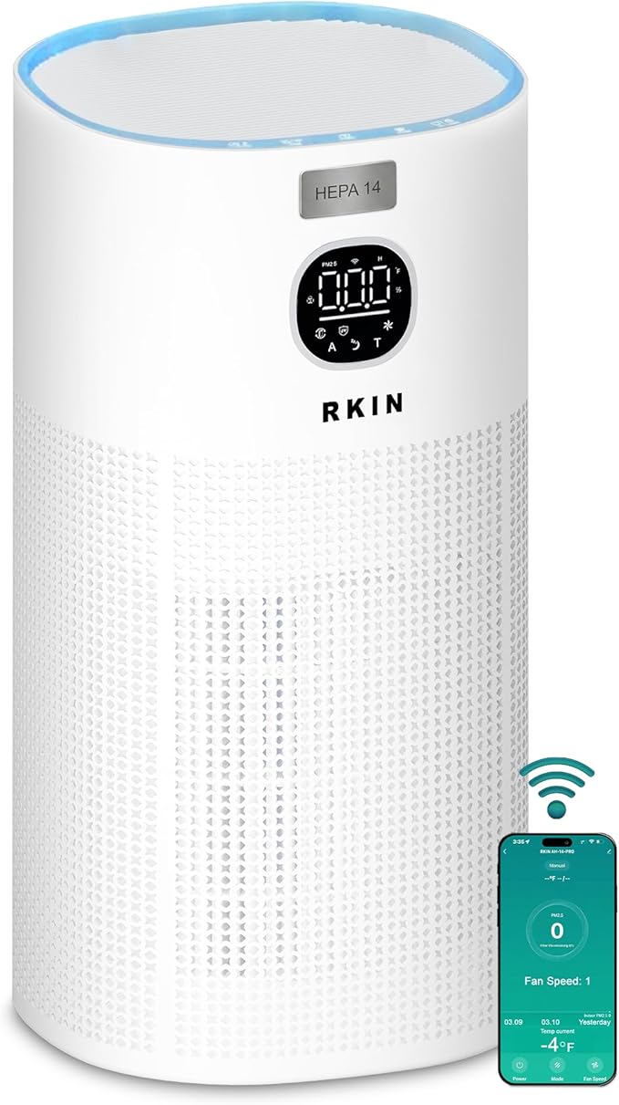 HEPA 14 Smart Air Purifier for Large Rooms, WiFi App Control, PM2.5 Air Quality Monitor, Pet Hair, Pollen, Smoke & Odour Removal System