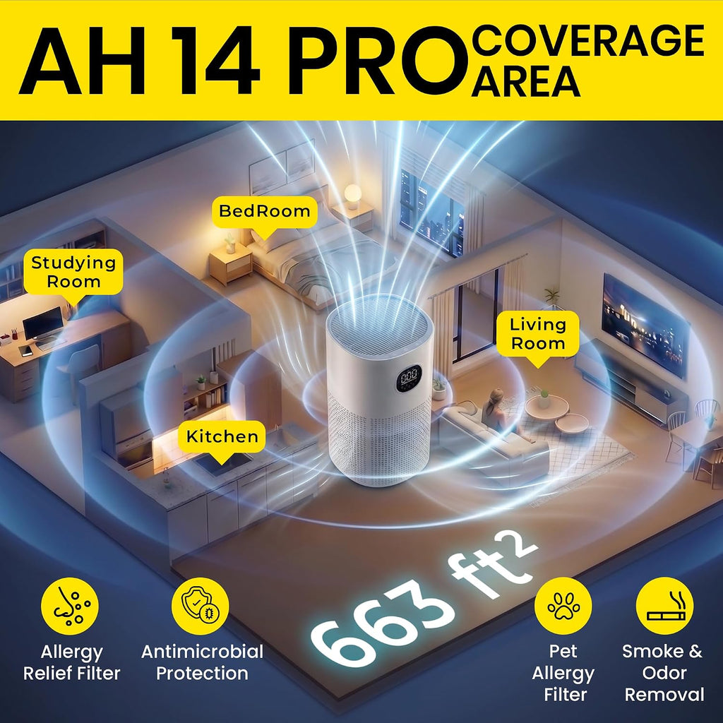 HEPA 14 Smart Air Purifier for Large Rooms, WiFi App Control, PM2.5 Air Quality Monitor, Pet Hair, Pollen, Smoke & Odour Removal System