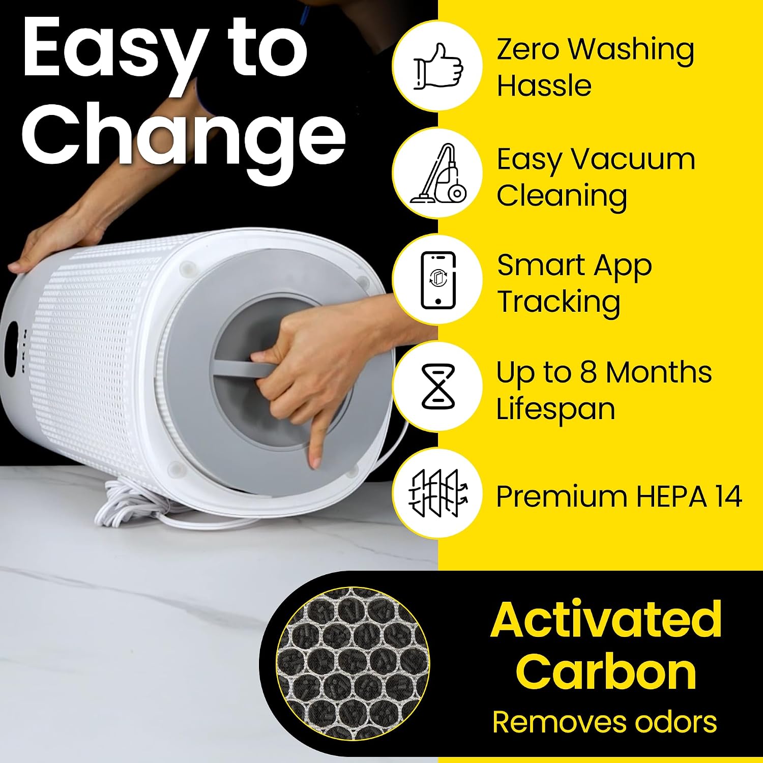 HEPA 14 Smart Air Purifier for Large Rooms, WiFi App Control, PM2.5 Air Quality Monitor, Pet Hair, Pollen, Smoke & Odour Removal System